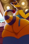 anthro apron big_butt biped blue_clothing blue_legwear blue_thigh_highs bodily_fluids butt ceiling ceiling_lamp clothing day eyebrows eyelashes female forehead_gem gem genitals inside lamp legwear light_bulb looking_back looking_down low-angle_view pokemorph pupils rear_view red_gem solo standing sweat sweatdrop tail thick_thighs thigh_highs vulva white_pupils wide_hips window yellow_body baphylamb nintendo pokemon ampharos generation_2_pokemon pokemon_(species) 2024 absurd_res hi_res