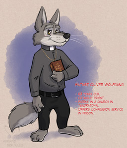 3_toes 4_fingers anthro bible_(object) black_bottomwear black_clothing black_pants bottomwear cheek_tuft claws clerical_collar clothing cross elderly eyebrows facial_tuft feet fingers fluffy fluffy_tail fur grey_body grey_clothing grey_fur grey_hair grey_shirt grey_topwear hair half-closed_eyes male narrowed_eyes pants priest religion shirt smile solo tail text thick_eyebrows toes topwear tuft whiskers adriano_berjillos catholicism christianity fan_character canid canine canis mammal wolf english_text hi_res