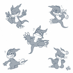 ambiguous_gender anthro blep blush carrying_another claws disembodied_hand duo embarrassed eyes_closed featureless_crotch feet foot_grab forehead_mark gesture hand_gesture hand_on_head happy humanoid_hands kneeling looking_back looking_up lying multiple_poses on_back petting pose simple_background spread_legs spreading standing tail tail_grab tapering_tail tongue tongue_out v_sign white_background nekostar bandai_namco digimon digimon_(species) veemon 1:1 2025 greyscale hi_res monochrome signature
