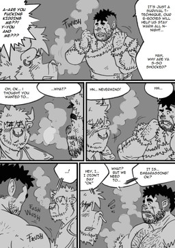 armor dialogue hairy male male/male profanity text husky92 european_mythology greek_mythology mythology bovid bovine humanoid mammal minotaur orc comic english_text greyscale hi_res monochrome multiple_scenes