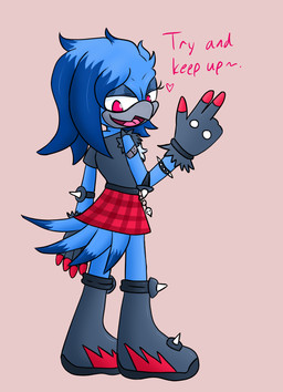 anthro bandage beak belt blue_body blue_feathers boots bottomwear bracelet clothing elbow_pads eyeliner feathers femboy fluffy fluffy_chest footwear gloves grey_beak handwear heart_symbol highlights_(coloring) jewelry knee_pads looking_back makeup male pink_eyes shoes skirt skull_accessory smug solo spiked_bracelet spikes text torn_clothing white_body white_feathers cookie-pone sega sonic_the_hedgehog_(series) fan_character shred_the_bluebird avian bird bluebird mountain_bluebird oscine passerine thrush_(bird) english_text trans_(lore) trans_man_(lore)