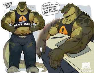 anthro biceps bottomwear clothing male muscular muscular_anthro muscular_male pants pecs scales shirt simple_background smile solo speech_bubble tank_top text topwear o_reowoof reolixious crocodilian reptile scalie absurd_res english_text hi_res