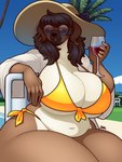 alcohol anthro beverage big_breasts bikini black_hair blue_eyes breasts brown_body brown_fur bulging_breasts clothing container cup drinking_glass ear_piercing ear_ring eyewear female front-tie_bikini front-tie_clothing front-tie_swimwear fur glass glass_container glass_cup glasses hair hat headgear headwear huge_breasts looking_at_viewer outside piercing ring_piercing round_glasses side-tie_bikini side-tie_clothing side-tie_swimwear slightly_chubby solo string_bikini sun_hat swimwear tan_body tan_fur thick_thighs two-piece_swimsuit wide_hips wine wine_glass yellow_bikini yellow_clothing yellow_swimwear blazbaros millie_(jezzlen) canid canine canis domestic_dog mammal 2024 3:4 hi_res