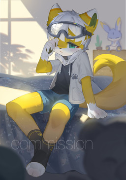 anthro bed bottomwear clothing countershading eyewear eyewear_on_head footwear fur furniture goggles goggles_on_head hair hand_pawpads hoodie inside kemono looking_at_viewer male on_bed one_eye_closed short shorts sitting sitting_on_bed socks solo stirrup_socks topwear white_hair yellow_body yellow_fur young young_anthro young_male emolga_1 mammal 2022 hi_res watermark