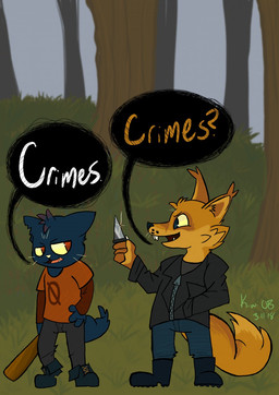 anthro bat_(object) black_nose blue_body blue_eyes blue_fur boots bottomwear clothed clothing dagger dipstick_tail duo female footwear forest fur grass inner_ear_fluff jacket male markings melee_weapon open_mouth outside pants plant red_eyes shirt shoes tail tail_markings tan_body tan_fur tan_inner_ear_fluff teeth text topwear tree tuft weapon whiskers yellow_nose oddball night_in_the_woods gregg_lee mae_borowski canid canine domestic_cat felid feline felis fox mammal 2018 english_text hi_res