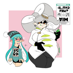 belly blue_clothing blue_hair blue_shirt blue_topwear breasts cellphone clothing duo electronics female grey_hair hair hat headgear headwear overweight phone shirt smartphone text topwear white_clothing white_shirt white_topwear yellow_eyes dwps nintendo splatoon marie_(splatoon) aquatic cephalopod inkling mollusk 1:1 2021 absurd_res hi_res