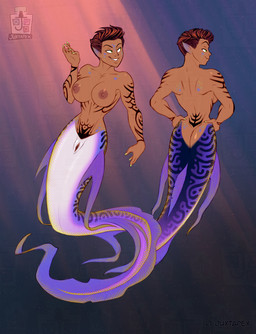 animal_genitalia areola arm_tattoo athletic athletic_female auburn_hair big_breasts bone breasts butt dark_body dark_skin ear_fins female fin fish_tail front_and_back genital_slit genitals green_eyes hair hip_tattoo mostly_nude nipples non-mammal_nipples nude purple_body purple_scales rib_tattoo scales short_hair simple_background small_waist smile smirk solo split_form sunset tattoo tramp_stamp underwater vulva water juxtapex aquatic eel fish humanoid humanoid_merfolk merfolk hi_res model_sheet