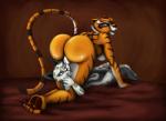 all_fours angry anthro big_butt black_nose blue_eyes breasts butt clenched_teeth duo female female/female fur genitals headlock headscissor leg_grab looking_back lying navel on_back one_eye_closed pussy side_boob striped_body striped_fur stripes teeth thick_thighs astraldog dreamworks kung_fu_panda master_tigress song_(kung_fu_panda) felid leopard mammal pantherine tiger 2017 hi_res