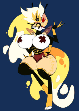 4_arms antennae_(anatomy) anthro big_breasts bimbofication breasts corruption cybernetic_limb cybernetics digitigrade female fur hand_on_hip lips looking_at_viewer machine mind_control multi_arm multi_limb pasties solo thick_lips thick_thighs yellow_body yellow_eyes yellow_fur pan_those_cakes hellaverse helluva_boss mythology queen_bee-lzebub_(helluva_boss) arthropod bee canid canine cyborg demon hymenopteran insect mammal mythological_canine mythological_creature absurd_res alpha_channel hi_res