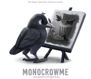 ambiguous_gender black_body black_eyes black_feathers brush canvas dot_eyes easel feathered_wings feathers feral humor paint paintbrush painting_(object) pun simple_background simple_eyes solo text trash_can visual_pun white_background white_eyes wings piper_thibodeau avian bird corvid corvus_(genus) crow oscine passerine digital_media_(artwork) digital_painting_(artwork) english_text greyscale monochrome painting_(artwork) url