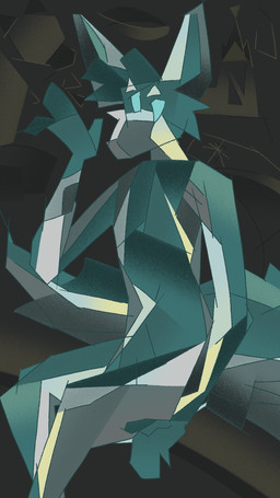 abstract_art anthro blue_body blue_fur cubism fingers fur gesture grey_body looking_at_viewer male multicolored_body simple_background sitting solo tail waving white_body anicecubedwolf hibernal_(anicecubedwolf) canid canine canis mammal wolf digital_media_(artwork) hi_res