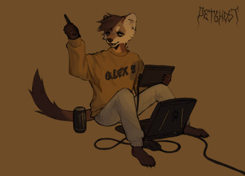 anthro biped bottomwear brown_body brown_fur brown_hair clothed clothing computer computer_mouse drawing_tablet ear_piercing electronics fur hair holding_object laptop male pants piercing simple_background sitting solo sweater tablet tablet_pen tongue topwear nolongeranimals monster_energy dal_(petghost) gulonine mammal marten mustelid musteline pine_marten 2021 digital_media_(artwork)