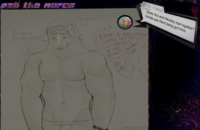 after_exercise anthro ask_blog beanie big_muscles bodily_fluids bottomwear bracelet clothed clothing dialogue duo ear_piercing emanata exhausted facial_hair facial_markings floppy_ears freckles gauged_ear hat head_markings headgear headwear huge_muscles jewelry male male_anthro markings muscular muscular_anthro muscular_male mustache necklace nipples pants piercing profanity solo startled stocky sweat sweatpants sweaty_body text thought_bubble topless topless_anthro topless_male cerberussenn aro_selen_(cerberussenn) hendery_sabine_(cerberussenn) bird_dog canid canine canis domestic_dog golden_retriever hunting_dog mammal mixed_breed pit_bull retriever absurd_res english_text hi_res signature sketch