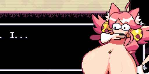 animal_ears bell bodily_fluids breasts cat_tail cleavage clothed clothing cowlick dipstick_tail eyebrows female female_humanoid glistening glistening_breasts gloves hair handwear implied_breast_expansion inner_ear_fluff markings pink_hair puffy_sleeves raised_eyebrows short_hair solo sprite sprite_art sprite_edit surprised sweat sweaty_breasts tail tail_markings text text_box tied_hair tuft wardrobe_malfunction wide_eyed popipopipo101 third-party_edit deltarune undertale_(series) mad_mew_mew pink_(deltarune) animal_humanoid felid felid_humanoid feline feline_humanoid humanoid mammal mammal_humanoid 2026 absurd_res digital_drawing_(artwork) digital_media_(artwork) english_text hi_res screencap_edit
