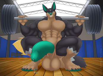 abs anthro balls big_balls big_muscles big_pecs big_penis black_body black_claws black_fur black_hair blonde_hair bodily_fluids brown_body brown_fur claws dipstick_tail exercise fur genital_fluids genitals green_eyes green_pawpads green_penis grey_body grey_fur hair huge_balls huge_penis humanoid_genitalia humanoid_penis long_tail male markings multicolored_body multicolored_fur multicolored_hair muscular muscular_anthro muscular_arms muscular_legs muscular_male muscular_thighs pawpads pecs penis precum solo tail tail_markings weightlifting workout rebel_nightwolfe palworld pocketpair kris_(zombiedwolf) anubis_(pal) pal_(species) absurd_res hi_res