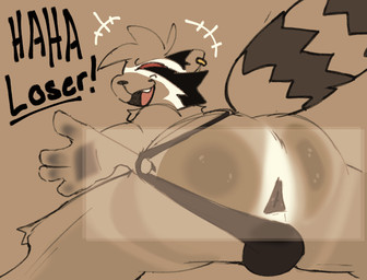 anthro anus balls_outline bulge butt clothing detailed_bulge dialogue ear_piercing genital_outline laugh male markings piercing presenting presenting_hindquarters red_eyes shaded_sketch solo striped_markings striped_tail stripes tail tail_markings taunting teasing teasing_viewer text thong underwear knightferret guardians_of_the_galaxy marvel rocket_raccoon mammal procyonid raccoon 2025 english_text hi_res