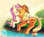 blonde_hair clothing creek cutie_mark detailed_background duo eyes_closed female female/female feral grass hair hat headgear headwear kiss_on_lips kissing orange_body pink_hair plant river romantic romantic_ambiance romantic_couple tail tree water wood yellow_body yellow_tail katiramoon friendship_is_magic hasbro my_little_pony applejack_(mlp) fluttershy_(mlp) earth_pony equid equine horse mammal pony 2012 digital_media_(artwork) hi_res signature