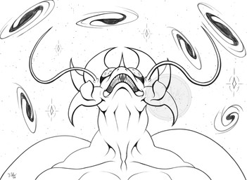ambiguous_gender antennae_(anatomy) anthro bared_teeth big_eyes cosmic_background folded_wings grin head_crest head_spikes looking_up low-angle_view mandibles neck_muscles reflection_in_eyes sharp_teeth simple_background smile solo space spikes spikes_(anatomy) star teeth trapezius white_background wings voka earthward_bound kalrin arthropod insect kellvass rodinian bust_portrait hi_res line_art monochrome portrait signature sketch watermark