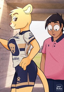 anthro black_hair bottomwear breasts brown_eyes butt clothed clothing duo eyebrows eyelashes female flirting fur glistening glistening_body hair male male/female mascot pants shirt smile soccer soccer_uniform sport sportswear tail tan_body tan_fur text topwear tuft uniform wide_eyed ikaribunbun club_universidad_nacional dhl liga_mx nike goya_(pumas_unam) cougar felid feline felis human mammal 2026 artist_name hi_res signature