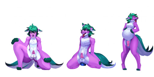 abdominal_bulge anal anal_penetration animal_genitalia animal_penis anthro balls belly big_belly big_dildo canine_genitalia canine_penis dildo dildo_in_ass dildo_insertion dildo_sitting erection fur genitals green_hair hair hand_on_belly kneeling knot knotted_penis looking_down looking_down_at_genitalia looking_down_at_penis looking_down_at_self male male_penetrated multi_tail object_in_ass open_mouth penetration penis purple_body purple_eyes purple_fur sex_toy sex_toy_in_ass sex_toy_insertion simple_background solo tail tongue tongue_out white_background white_body white_fur yungjayfox kai_(kaituyt) canid canine fox mammal digital_drawing_(artwork) digital_media_(artwork) hi_res sequence