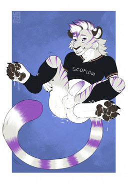 after_anal animal_genitalia anthro anus balls bent_legs black_claws black_clothing black_shirt black_topwear bodily_fluids bottomless brown_pawpads butt claws clothed clothing cum cum_in_ass cum_inside cum_on_butt cum_on_feet cum_on_pawpads erection feet fur genital_fluids genitals grey_body grey_fur leaking_cum legwear long_tail looking_at_viewer male markings mohawk multicolored_body multicolored_fur pawpads penis presenting purple_eyes purple_markings sheath shirt smile snout solo spread_legs spreading striped_body striped_fur stripes tail topwear whiskers white_body white_fur mataki23 felid mammal pantherine tiger colored digital_drawing_(artwork) digital_media_(artwork) flat_colors hi_res