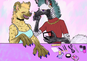 anthro blue_hair breasts claws clothed clothing collar colored_nails duo ear_piercing ear_ring facial_piercing female fur hair jewelry makeup markings nails necklace open_mouth painted_claws piercing ring_piercing shirt simple_background smile spots striped_body stripes sweater topwear turtleneck kyokyota mihana_(kyokyota) quito_(kyokyota) canid canine hyena mammal spotted_hyena striped_hyena 2020 absurd_res digital_media_(artwork) hi_res