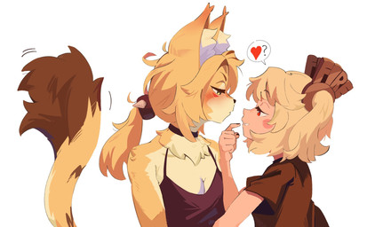 accessory anthro arm_tuft blonde_hair blush blush_stickers breasts cleavage clothed clothing collar duo ear_blush ear_tuft eye_contact female female/female fur gesture green_eyes hair hair_accessory half-closed_eyes hand_gesture heart_symbol imminent_kiss inner_ear_fluff looking_at_another looking_at_partner narrowed_eyes neck_tuft pigtails pointing pointing_at_mouth pointing_at_self ponytail red_eyes shirt shoulder_tuft simple_background smile t-shirt tail tail_motion tailwag tank_top topwear tuft twintails_(hairstyle) white_body white_fur yellow_body yellow_fur mangedugruau mihoyo zenless_zone_zero burnice_white pulchra_fellini felid feline human mammal thiren 2025 digital_media_(artwork) hi_res