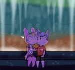 anthro blush date duo female fountain hand_on_shoulder heart_symbol looking_away male male/female night sitting zebunnyparadise animal_crossing nintendo chrissy_(animal_crossing) kid_cat_(animal_crossing) domestic_cat felid feline felis lagomorph leporid mammal rabbit absurd_res hi_res