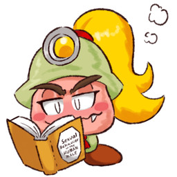 armor blonde_hair blush book fangs female hair headgear helmet not_furry ponytail reading solo teeth text unknown_artist mario_bros nintendo paper_mario goombella goomba 1:1 english_text low_res source_request