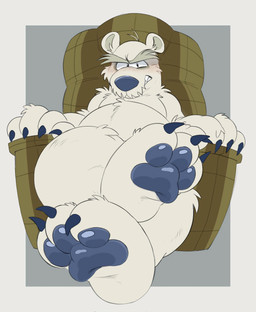 3_toes 4_fingers anthro belly big_belly blue_nose blue_pawpads blush claws clenched_teeth crossed_legs eye_bags feet fingers foot_fetish foot_focus frown frowning_at_viewer fur furniture looking_at_viewer low-angle_view male nude overweight overweight_male pawpads paws simple_background sitting sofa solo teeth toes white_body white_fur duckbrained club_penguin herbert_p._bear bear mammal polar_bear ursine absurd_res colored digital_drawing_(artwork) digital_media_(artwork) hi_res