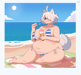 ahoge beach belly big_belly big_breasts bikini breasts clothing cutlery dessert eating eyewear female food glasses hair hair_over_eye huge_breasts ice_cream kitchen_utensils navel obese one_eye_obstructed overweight overweight_female overweight_humanoid short_hair sitting solo spoon swimwear thick_thighs tools two-piece_swimsuit white_hair low_res_art animal_humanoid canid canid_humanoid humanoid mammal mammal_humanoid character_request hi_res signature