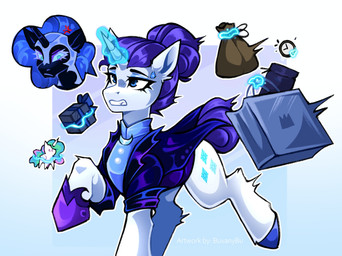 armor black_eyeliner blue_eyes blue_eyeshadow bodily_fluids clothing cross-popping_vein eyeliner eyeshadow female feral hair headgear helmet horn makeup purple_clothing purple_hair shopping_bag solo sweat sweatdrop thought_bubble white_body buvanybu friendship_is_magic hasbro my_little_pony mythology nightmare_moon_(mlp) princess_celestia_(mlp) rarity_(mlp) equid equine mammal mythological_creature mythological_equine unicorn hi_res