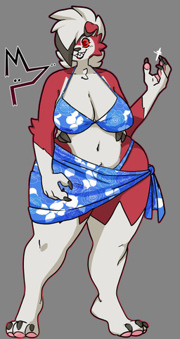 anthro bikini black_body black_ear_tips black_fur black_nose blue_bikini blue_clothing blue_swimwear breasts clothing dipstick_ears ear_markings female fur markings multicolored_ears navel pawpads pokemorph red_body red_ears red_eyes red_fur sarong smile solo swimwear two-piece_swimsuit white_body white_fur wide_hips donedoggo nintendo pokemon generation_7_pokemon lycanroc midnight_lycanroc pokemon_(species) 2026 absurd_res hi_res