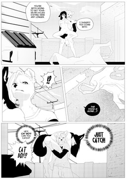anthro balls breasts brick_wall butt clothing dialogue duo genitals gynomorph gynomorph/gynomorph hair holding_character hoodie intersex intersex/intersex looking_at_viewer outside penis shirt small_penis surprised tail text topwear wall_(structure) corablue canid mammal comic digital_media_(artwork) english_text hi_res monochrome