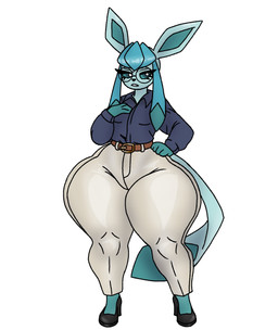 anthro blue_body blue_eyes blue_hair bottomwear clothed clothing eyewear femboy footwear glasses hair high_heels jewelry long_ears male pants shirt shoes solo tail topwear wide_hips agent_strudel nintendo pokemon eeveelution generation_4_pokemon glaceon mammal pokemon_(species) hi_res