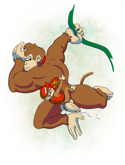anthro balls bottomless clothed clothing conjoined_eyes duo feet foreskin genitals half-erect humanoid_genitalia humanoid_penis male male/male muscular muscular_male nude partially_retracted_foreskin penis prehensile_feet toes xneobeastx donkey_kong_(series) nintendo diddy_kong donkey_kong_(character) ape gorilla haplorhine mammal monkey primate hi_res