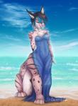 beach black_hair blue_eyes blue_hair breasts clothing cloud day detailed_background dress female hair nipples outside paws pink_nose sand seaside sitting sky smile solo water wet wet_clothing thecatnamedfish fish_(thecatnamedfish) chakamil chakat felid felid_taur feline feline_taur lynx lynx_taur mammal mammal_taur taur 2019 absurd_res digital_media_(artwork) hi_res signature herm_(lore)