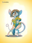 anthro big_ears blue_eyes breasts brown_hair brown_nose exposure_variation female fingers hair long_tail looking_away simple_background solo symbol tail teeth text yellow_background kiaun derideal pixi_(derideal) mammal mouse murid murine rodent 2022 colored digital_drawing_(artwork) digital_media_(artwork) english_text hi_res portrait shaded signature url