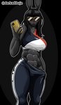 anthro big_breasts black_body black_hair bra breasts clothing exercise eyewear female fitness hair muscle_tone selfie solo sports_bra sportswear sunglasses underwear workout workout_clothing darkadibuja lagomorph leporid mammal rabbit absurd_res hi_res