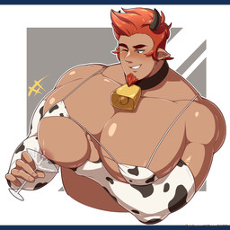 animal_print big_muscles big_pecs bikini bikini_top blush bodily_fluids breast_milking brown_body brown_skin clothing container cow_print cowbell cup drinking_glass ear_piercing ear_ring facial_hair glass glass_container glass_cup goatee hair horn lactating male male_lactation muscular nipples one_eye_closed pec_squeeze pecs piercing pink_nipples pointy_ears projectile_lactation red_hair ring_piercing solo swimwear two-piece_swimsuit wine_glass edd_layerex fross2art lucio_(lucio_soliz) animal_humanoid bovid bovid_humanoid bovine bovine_humanoid cattle_humanoid humanoid mammal mammal_humanoid 1:1 2021 hi_res
