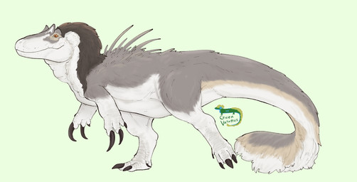 3_fingers 4_toes ambiguous_feral ambiguous_gender biped bipedal_feral black_claws claws dewclaw feathers feet feral fingers fluffy fluffy_tail green_background grey_body grey_feathers mouth_closed orange_eyes scales side_view simple_background solo tail tan_body tan_feathers toes walking white_body white_scales green_varanus tale_of_kaimere dinosaur feathered_dinosaur feathered_scalie prehistoric_species reptile saurischian scalie theropod uktan_(species) digital_media_(artwork) hi_res male_(lore)