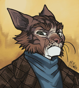 anthro brown_body brown_fur brown_hair cheek_tuft clothing eyebrows facial_markings facial_tuft fur green_eyes grumpy hair head_markings looking_down male markings pointy_ears robe shirt simple_background slicked_back_hair smoking_jacket solo suit thick_eyebrows thick_outline topwear tuft whisker_spots whiskers marcie_montis felid feline mammal 2023 bust_portrait digital_media_(artwork) digital_painting_(artwork) hi_res painting_(artwork) portrait signature
