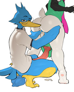 after_sex anal anthro ass_up balls beak big_butt big_glans blue_body blue_feathers bodily_fluids butt butt_grab clothed clothing cum cum_drip cum_in_ass cum_inside dripping duo erection eyewear feathers genital_fluids genitals glans glasses hand_on_butt horn leaking_cum looking_at_viewer male male/male male_penetrated male_penetrating male_penetrating_male penetration penile penis sex simple_background white_background white_body conditional_dnp kinkykong deltarune undertale_(series) berdly ralsei avian bird bovid caprine goat mammal absurd_res hi_res
