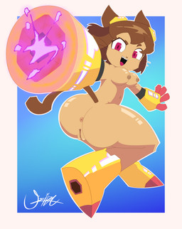 anthro anus bikini breasts brown_body brown_hair brown_nipples butt clothing eyewear eyewear_on_head fangs female genitals goggles goggles_on_head hair looking_at_viewer medium_breasts mostly_nude navel nipples open_mouth open_smile red_eyes simple_background smile solo swimwear tail teeth thick_thighs two-piece_swimsuit vulva whiskers wide_hips seibavibe gameoverse glitch_productions kit_bodega domestic_cat felid feline felis mammal 2026 absurd_res digital_drawing_(artwork) digital_media_(artwork) hi_res