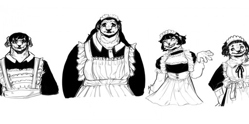 anthro black_hair bob_cut claws cleavage_cutout clothing cutout dress female group hair holding_object long_hair looking_down maid_headdress maid_uniform open_mouth short_hair smile uniform eggy_weggi angela_(eggy_weggi) guadalupe_(eggy_weggi) nera_(eggy_weggi) soledad_(eggy_weggi) felid feline mammal pantherine tiger 2023 digital_drawing_(artwork) digital_media_(artwork) greyscale half-length_portrait hi_res monochrome portrait