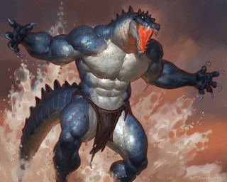 anthro big_muscles blue_body blue_scales bottomwear claws clothed clothing loincloth loincloth_only male muscular muscular_anthro muscular_male open_mouth pecs scales sharp_teeth shirtless_male solo spiked_tail spikes spikes_(anatomy) tail teeth thick_neck thick_thighs topless taran_fiddler weretober crocodile crocodilian reptile scalie werecreature werecrocodile 2025 5:4 digital_media_(artwork) hi_res signature