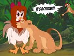 clothing costume disguise female feral group male parody text shiladalioness animaniacs disney the_lion_king warner_brothers chicken_boo nala_(the_lion_king) timon avian bird chicken felid galliform gallus_(genus) herpestid lion mammal meerkat pantherine phasianid crossover