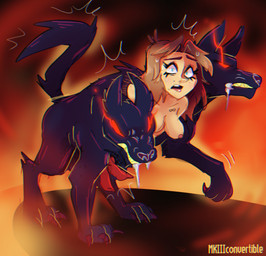 2_penises black_body black_fur breasts brown_hair claws erection fire fur genitals glowing glowing_eyes gynomorph hair intersex looking_at_viewer merging multi_body multi_genitalia multi_penis nipples penis quadruped red_eyes simple_background solo surprised tail transformation mkiiiconvertible canid canine human mammal 2023 digital_media_(artwork) hi_res
