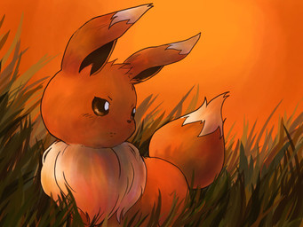 ambiguous_gender brown_body brown_eyes brown_fur detailed_background feral fur grass looking_away outside plant sky solo standing sunset tuft wind 望月うさぎ nintendo pokemon canid canine eevee generation_1_pokemon mammal pokemon_(species) 4:3 restricted_palette