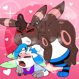 ambiguous_gender ambiguous_penetration blush bodily_fluids clothing cum cum_inside doggystyle ear_piercing eyes_closed feral from_behind_position genital_fluids heart_symbol legwear looking_pleasured male open_mouth orgasm penetration piercing scarf sex sweat thigh_highs softestpuffss nintendo pokemon fan_character puff_(softestpuffss) eeveelution generation_2_pokemon generation_4_pokemon leafeon pokemon_(species) umbreon hi_res male_(lore)